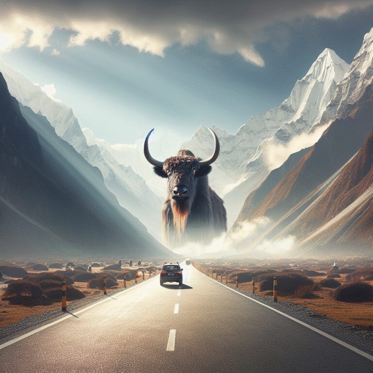 “Road-trip inattendu : un yak curieux dans les montagnes du Népal !”